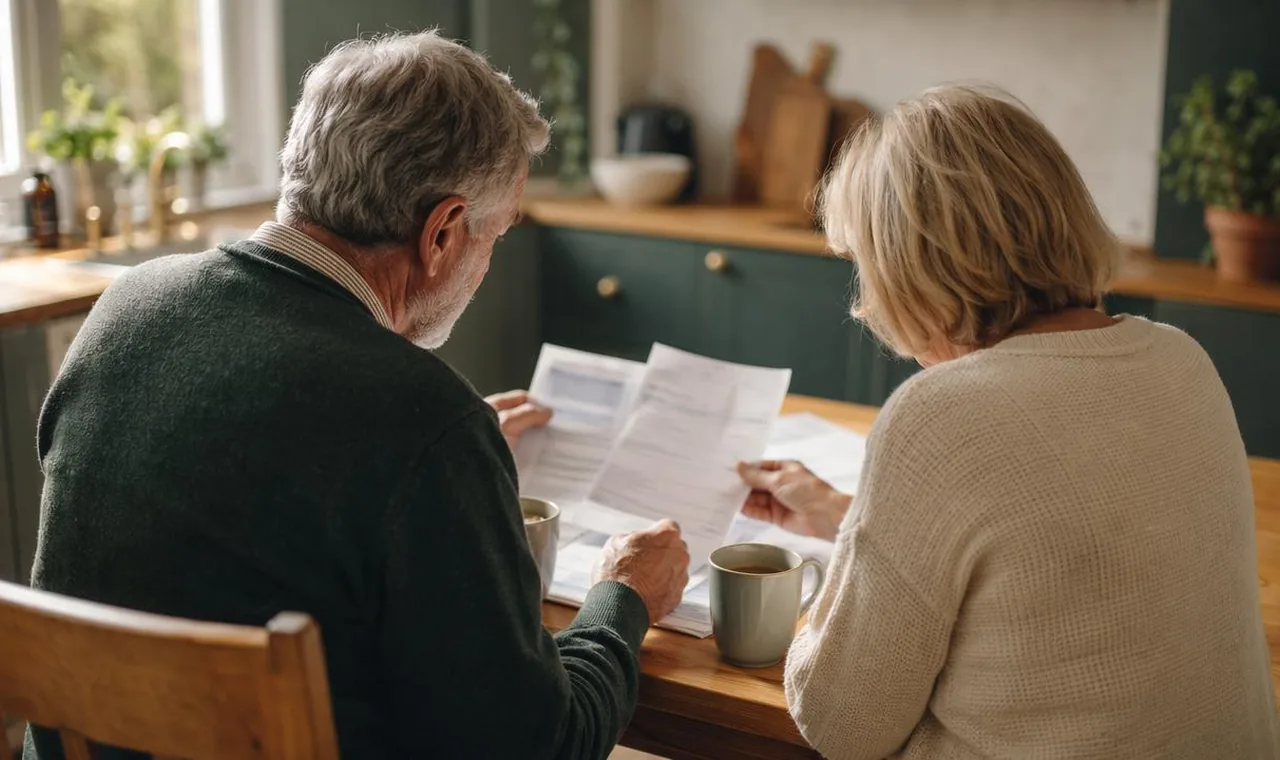 A couple reviewing household paperwork together at home